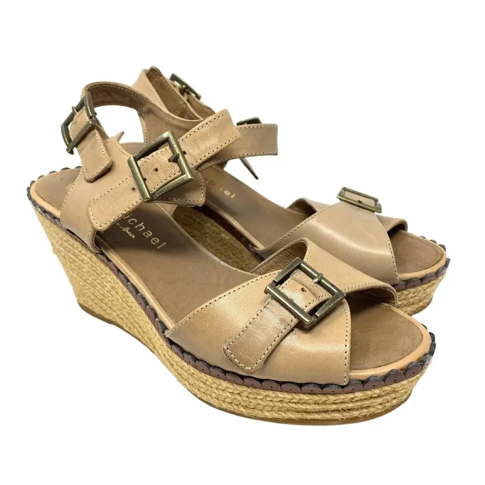Eric Michael Women's Sz 38 US 7 Ankle Strap Espadrilles Wedge Sandals Tan *READ